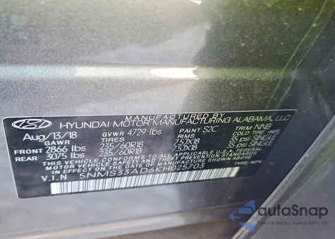 2019 Hyundai Santa Fe Sel z USA, uszkodzony, nr VIN 5NMS33AD6KH025703